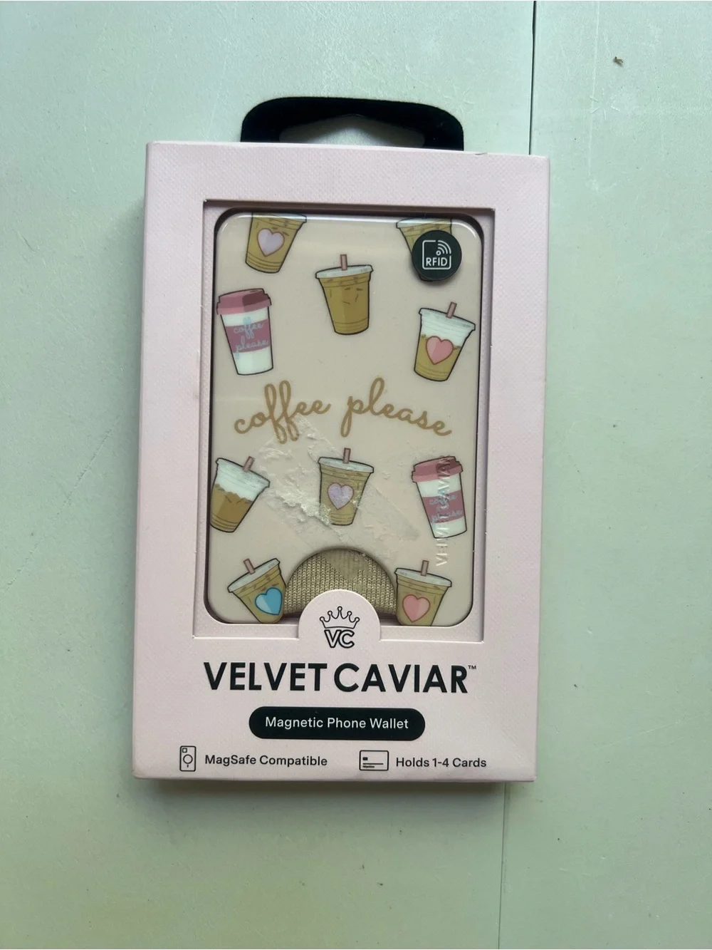 Velvet Caviar MagSafe iPhone Wallet with coffee please pattern